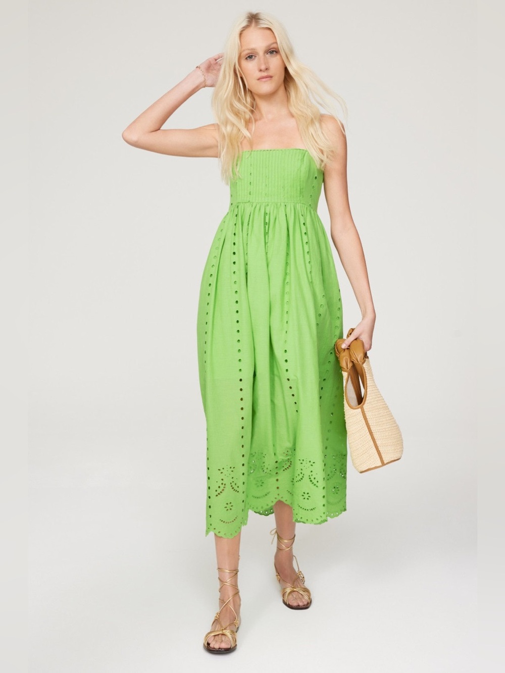 Slate & Willow Lime Green Strapless Eyelet Midi Dress